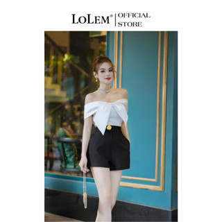 Quần short nữ cạp cao LOLEM QS119 dáng ngắn phối nút chất vải tafta đứng form