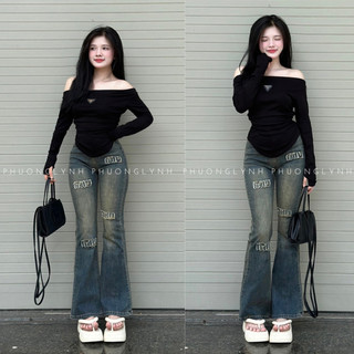 Quần jean nữ ống loe co giãn , quần kiểu nữ lưng cao ống loe hoạ tiết thêu chữ chất jean loại 1 plq298-shop phuong lynh