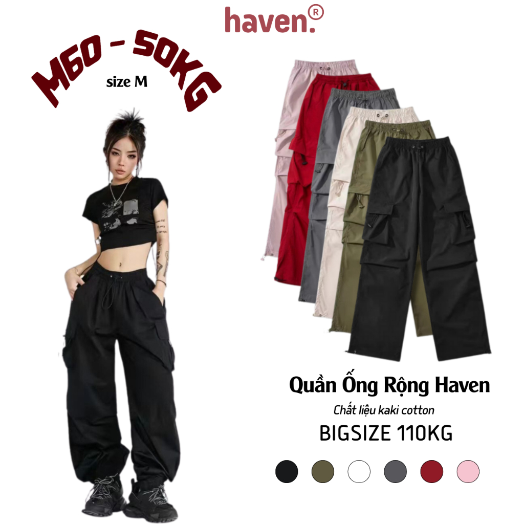 Quần túi hộp ống rộng nam nữ Haven kaki cotton,dây rút jogger bigsize màu đen