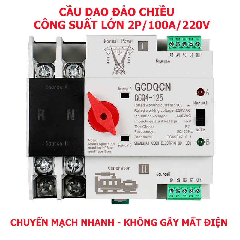 Bộ chuyển nguồn điện  ATS 2P 100A GCQ4-125 tự động chuyển mạch nhanh-cầu dao chuyển nguồn