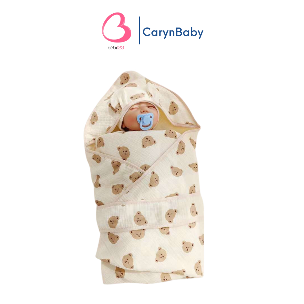 Ủ xô Molli cao cấp Thêu hình Gấu Thỏ, khăn tắm quấn bé có mũ Molli