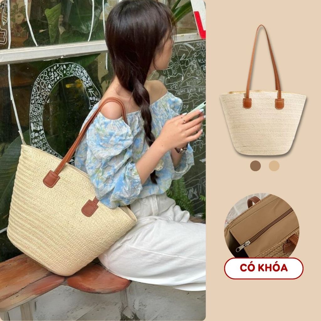 Túi cói đeo vai đi biển size lớn phối quai da bản to giỏ cói đựng đồ thời trang vintage Gọn Gàng
