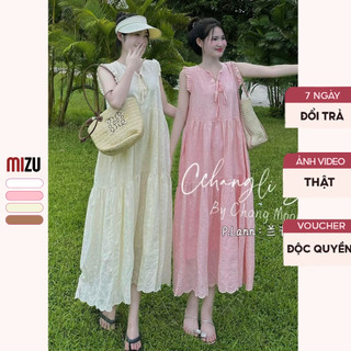 Váy Babydoll Sát Nách Cánh Tiên Dáng Maxi Cổ Tròn Buộc Nơ - Đâm Có Bigsize Nhiều Màu Hoa Thêu PL Boi