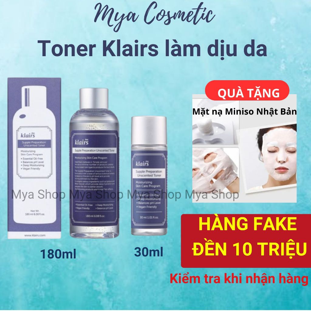 Toner không mùi Klairs Nước hoa hồng dưỡng ẩm da 180ml - 30ml Dear Klair Supple Unscented chính hãng