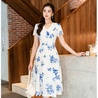 Đầm LAMER Xòe Phối Cổ Ren Váy Hoa Nhí Dáng Dài Đi Làm Đi Chơi L63L23H040