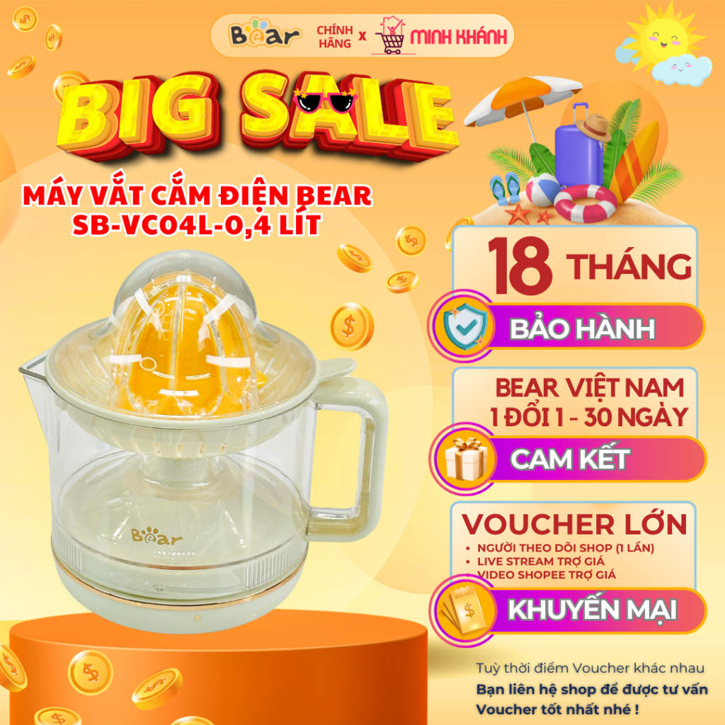 Máy vắt cam mini 35w Bear SB-VC04L - 3 đầu vắt tiện lợi, xoay 2 chiều vắt tối đa, tiện lợi cao