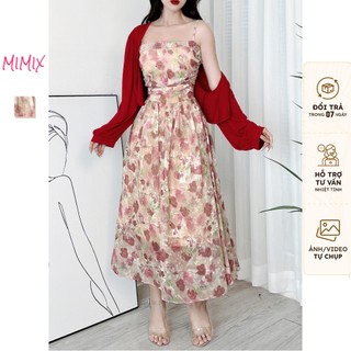 [Tặng áo khoác đỏ] Đầm Maxi MIMIX Hoa 2 Dây Nhún Eo Chất Tơ Thêu In Hoa Tiểu Thư DS6275