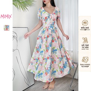 Đầm maxi mimix hoa nữ cổ v tay ngắn có thắt eo dk8230