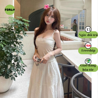 Áo 2 dây Forly thun tăm lạnh viền ren đính nơ có dây tăng giảm T035