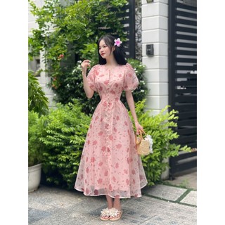 V1870 Đầm Thiết Kế Nữ Họa Tiết Hoa Dáng Maxi Phôi Nút Tay Bồng - Thanh Tự