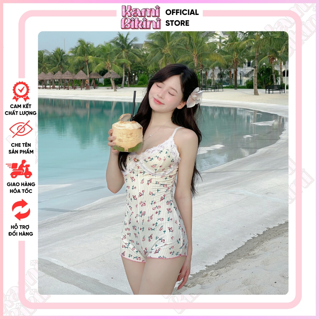 Bodysuit hoa nhí đi biển  phối ren nữ 1 lớp mỏng, Set áo liền quần ôm sát sexy quyến rũ cho nữ không đệm mút - Mã M08 | BigBuy360 - bigbuy360.vn