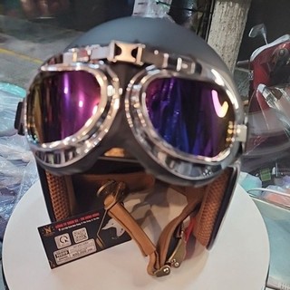 Mũ bảo hiểm napoli lót nâu kèm kính phi công chính hãng