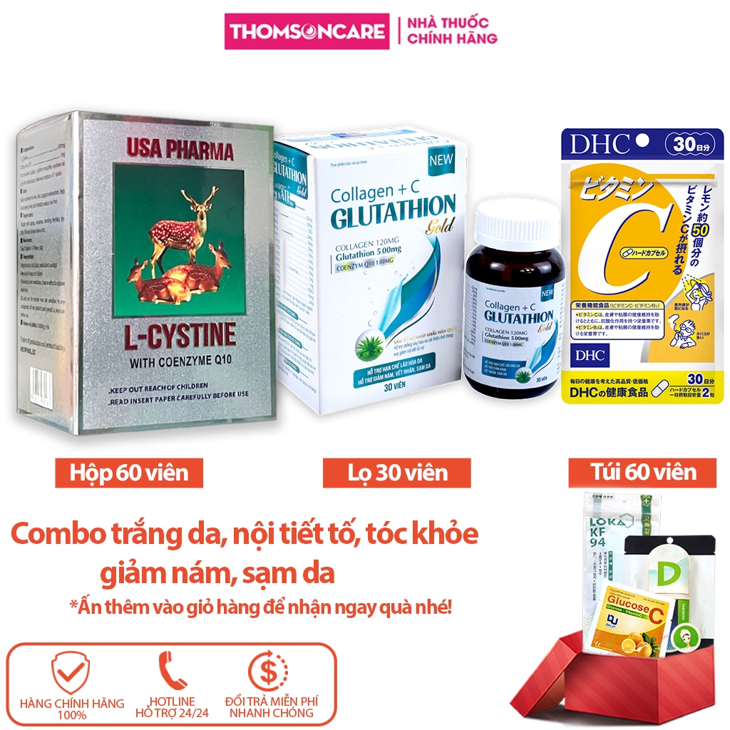 Combo trắng da chuyên sâu, nội tiết tố Lcystine 60v, DHC Vitamin C 60v, Glutathion 30v - l crystine L cistin Thomsoncare