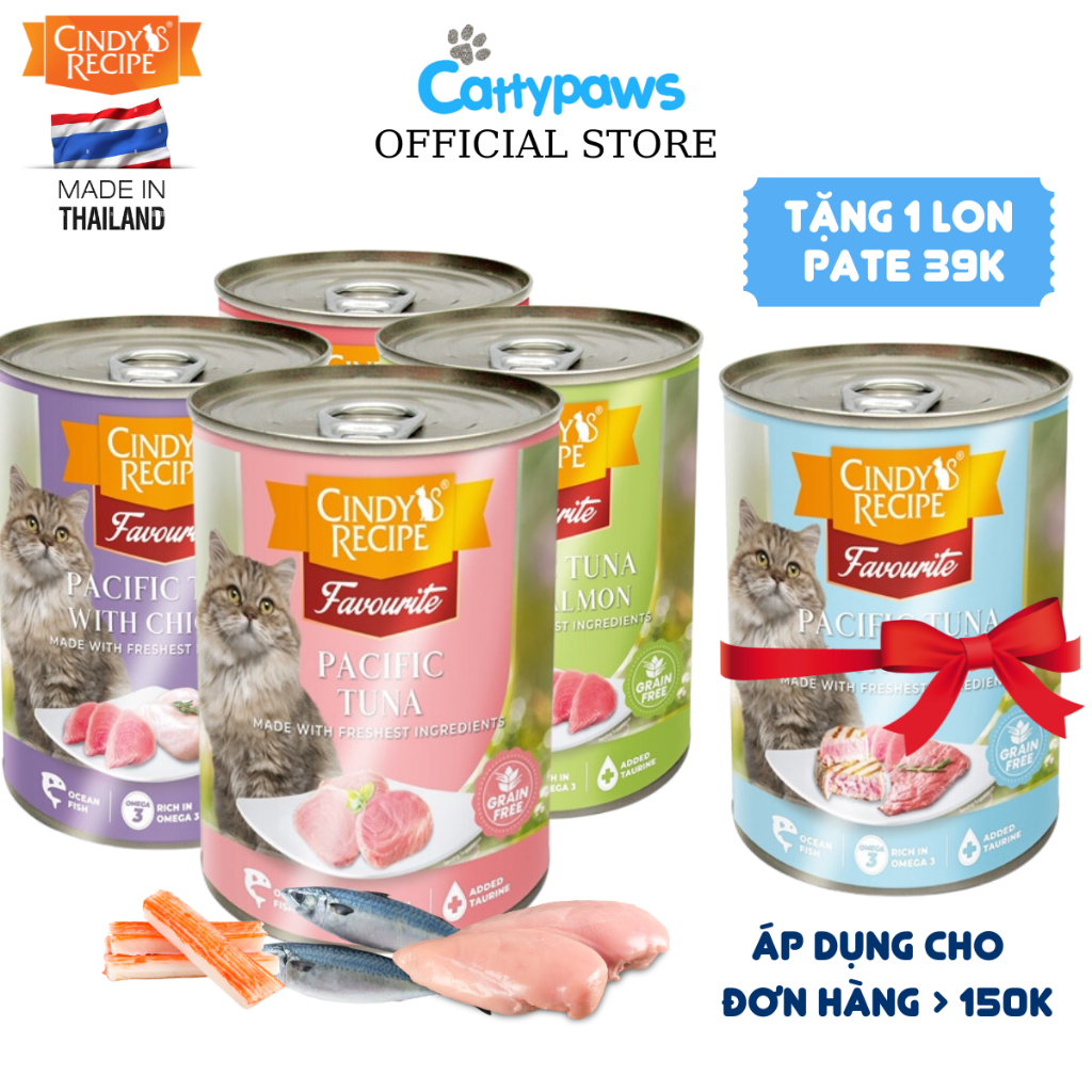 [Hết CT tặng] Pate Cho Mèo Cindy Recipe 8 Vị Thơm Ngon Lon Lớn 400g Giúp Tiêu Búi Lông| Cattypaws
