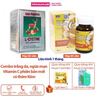 Combo L Cystine 60v và Vitamin C có kẽm 60v giúp trắng da, cho người bị mụn vitamin c dhc lcystine