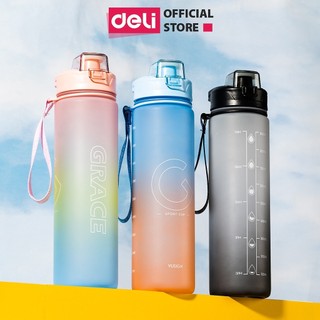 Bình Nước 1L DELI Chia Vạch Báo Giờ Uống Nước Nắp Bật Cute - Nhựa PC An Toàn Chai Đựng Nước Học Sinh