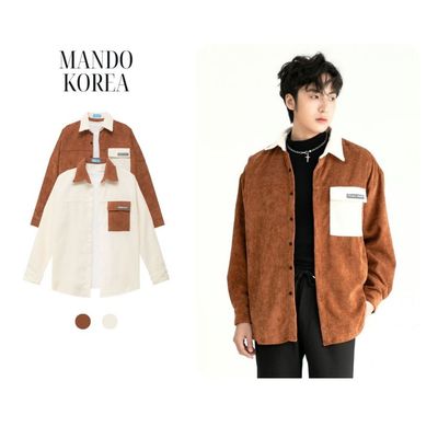 Áo Sơ Mi Nhung Tăm MANDO Form Rộng Dài Tay, Có Túi Ngực Phối Màu Phong Cách Thười Trang Hàn Quốc SHT009