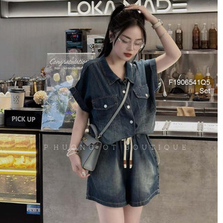 Set jean áo sơ mi tay sát nách phối túi hộp 2 bên+ quần short