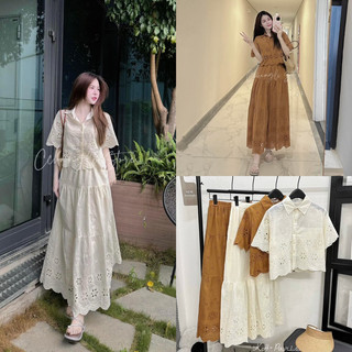 Set Thô Boil Áo Cổ Bẻ Phối Chân Váy Dài Vintage (Hàng Loại 1) Set Đầm Thô Boil Đi Biển Kem Be