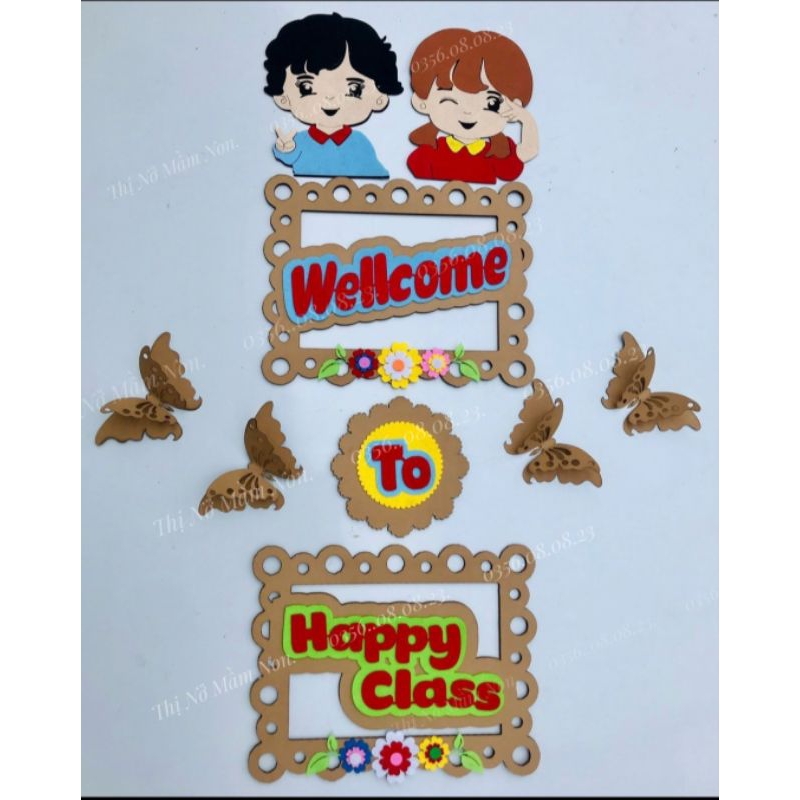 STEAM - khẩu hiệu welcome to happy class bìa nỉ trang trí tranh góc mầm non