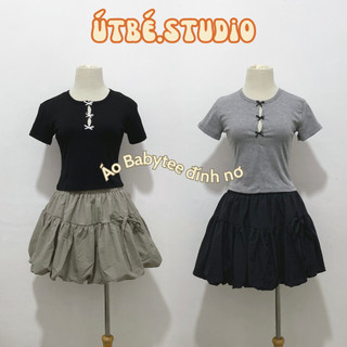 Áo Thun Croptop Cổ Tròn Đính Nơ Khoét Ngực Tay Ngắn Phong Cách Coquette
