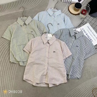 Áo sơ mi nữ tay ngắn kẻ sọc thêu nơ hàng Quảng Châu đơn giản dễ mặc đi học đi chơi 248038