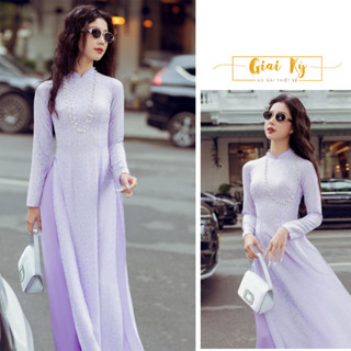 Áo dài truyền thống gấm lụa cao cấp hoạ tiết Hoa Cúc màu tím pastel nhẹ nhàng, thanh lịch