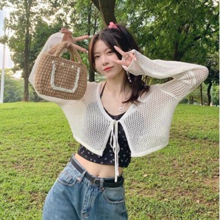 Áo khoác lưới croptop tay dài buộc dây phong cách Hàn Quốc chất len dày dặn G66