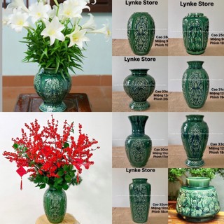Bình Hoa Lọ Hoa Khắc Nổi Hoa Sen Men Ngọc - Gốm Sứ Bát Tràng - Bình Hoa Đẹp - Decor Trang Trí
