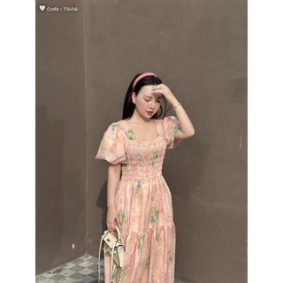 Váy hoa chun ngực tay bom cổ vuông- HÀNG CAO CẤP n