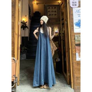 Váy dài 2 dây denim đầm maxi váy yếm jeandáng dài qua gối form rộng không tay váy bò dáng dài váy bầu đầm đi biển y074