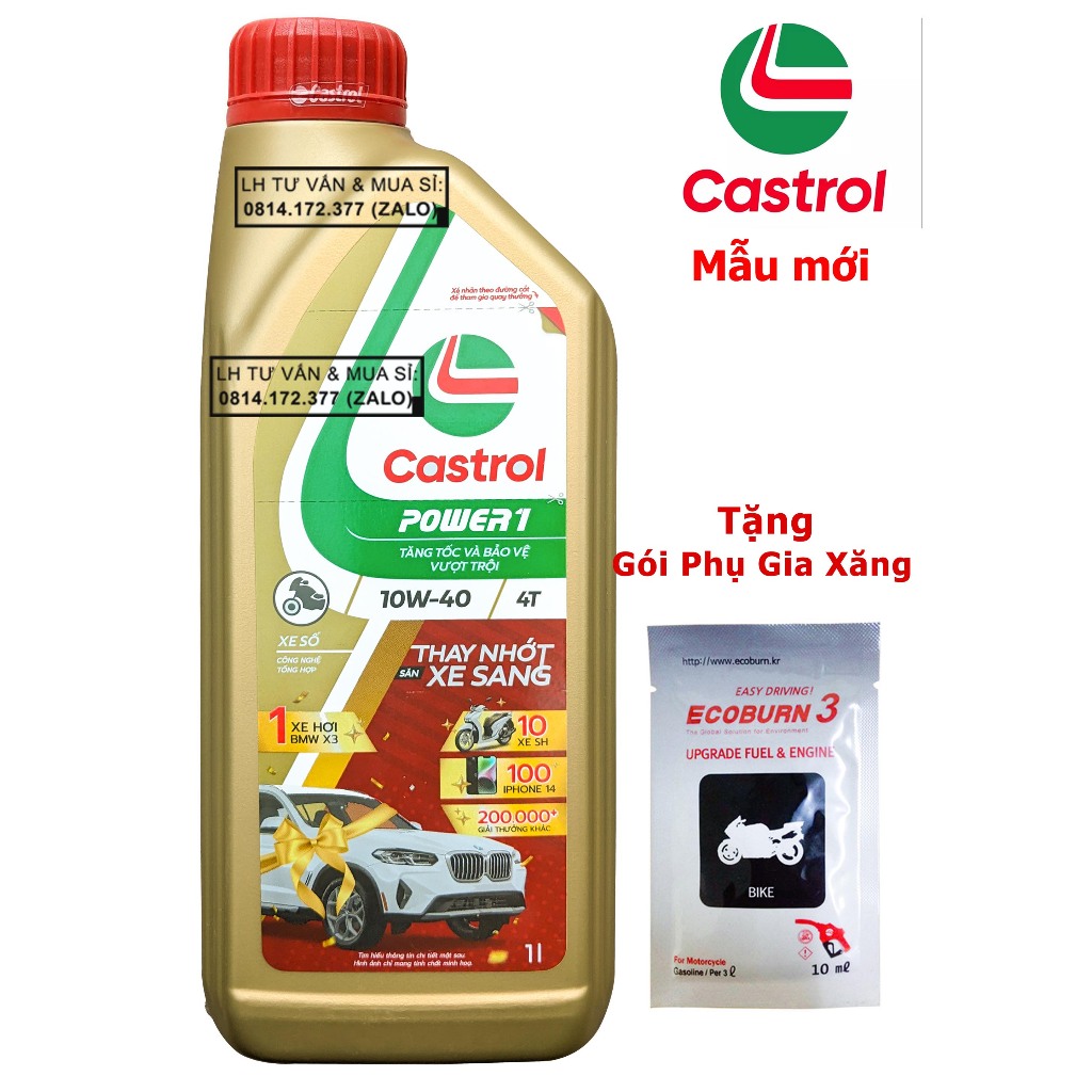 Combo Dầu Nhớt Tổng Hợp Xe Số Castrol Power-1 10w40 1.000ML ( 1L ) + Gói Phụ Gia Xăn.g