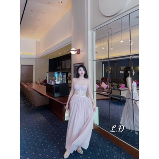 Đầm Dự Tiệc , Sự Kiện Váy Hai Dây Gọng Lưới Eo Dài Bồng Xoè Dài Tiểu Thư Cực Sang