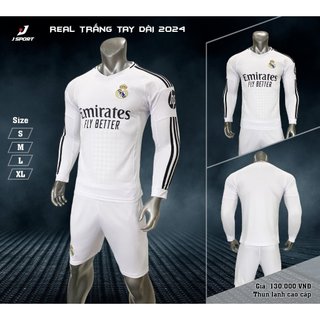 Bộ quần áo bóng đá tay dài CLB Real Madrid trắng sân nhà logo thêu chất thun lạnh cao cấp A9