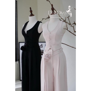 S73 Set Jumpsuits Nữ Áo Gile Và Quần Ống Rộng Kèm Đai Hoa Thêu Tay Chất Liệu Tuyst Mềm Mịn Doll Diva