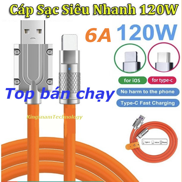 [FreeShip] Dây Cáp Sạc Nhanh 120W 6A PD Siêu Bền Bằng Hợp Kim Kẽm Và Silicon đầu USB sang phone/ type-c / Micro USB | BigBuy360 - bigbuy360.vn