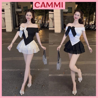 Set áo trễ vai đính nơ voan chất tăm vạt nhọn cộc tay+chân váy 2 tầng voan tiểu thư HB476