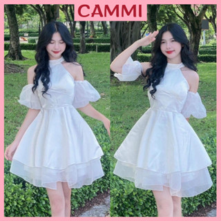  Váy trắng bánh bèo Đầm cổ yếm có đệm ngực  dáng trễ vai tay bồng tháo rời mặc sinh nhật dự tiệc HV42 CammiHouse 