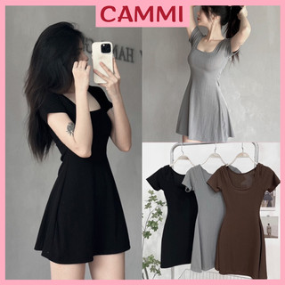 Đầm nữ dáng ngắn xoè chất gân thái cổ vuông,Váy ngắn cộc tay form basic xòe A ôm dáng tôn eo HV399