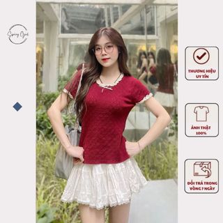 Áo len mỏng chất dệt kim tay ngắn phối nơ viền ren 305 P0K37