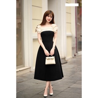 Đầm dự tiệc trễ vai 4 nơ đính ngọc- Đầm xòe cực xinh váy nữ xòe công chúa form thiết kế chuẩn tôn dáng