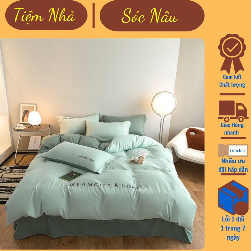 Cotton Linen || Bộ 4 Món Chăn Ga Gối Cotton Linen Thêu DreamCity Phong Cách Hiện Đại