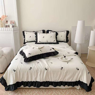 Bộ chăn ga gối hoa hồng đũi viền bèo Suhali, set chăn hè chần bông ga giường và 2 vỏ gối nằm