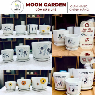 Chậu gốm sứ mimi để bàn kèm đĩa đựng nước