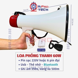 Loa Bán Hàng Rong 60W Ghi Âm, Usb - Thẻ Nhớ - Bluetooth, Loa Phóng Thanh Cầm Tay Pin Sạc -H2Pro Tech