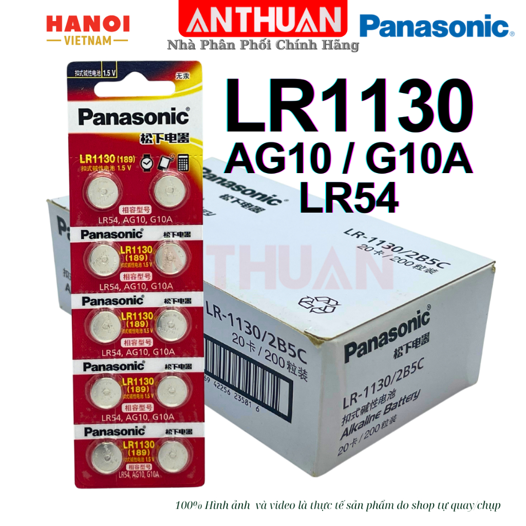 Pin LR54 / AG10 Panasonic 1.5V Alkaline G10A / SR54 / LR1130 / 189 Vỉ 10 viên pin cúc áo.