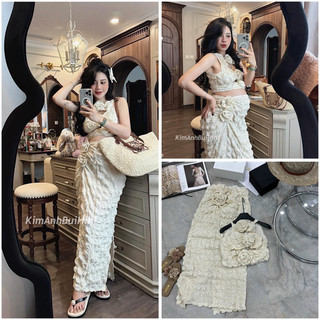 Sét áo kiểu cut out đính hoa + chân váy maxi đi biển