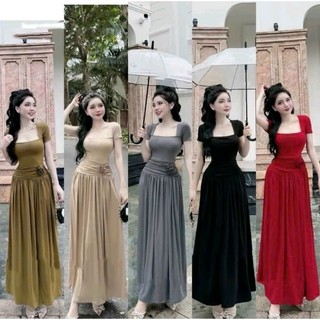🛒 Đầm Tay Ngắn Cổ Vuông Phối Bản Đính Hoa Nhún 1 Bên Eo - Xòe Dài Maxi Ôm Body Sexy - Tiểu Thư Bánh Bèo Cute Sang Chảnh