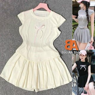 Sét áo tay con phối nơ và chân váy thun lưng thun có quần trong