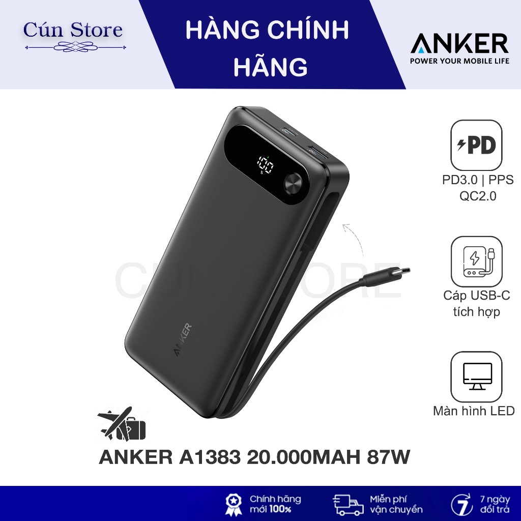 Sạc dự phòng Anker 20.000mAh 87W - A1383 tích hợp cáp sạc cho Laptop, Điện thoại | Bảo hành 12 tháng